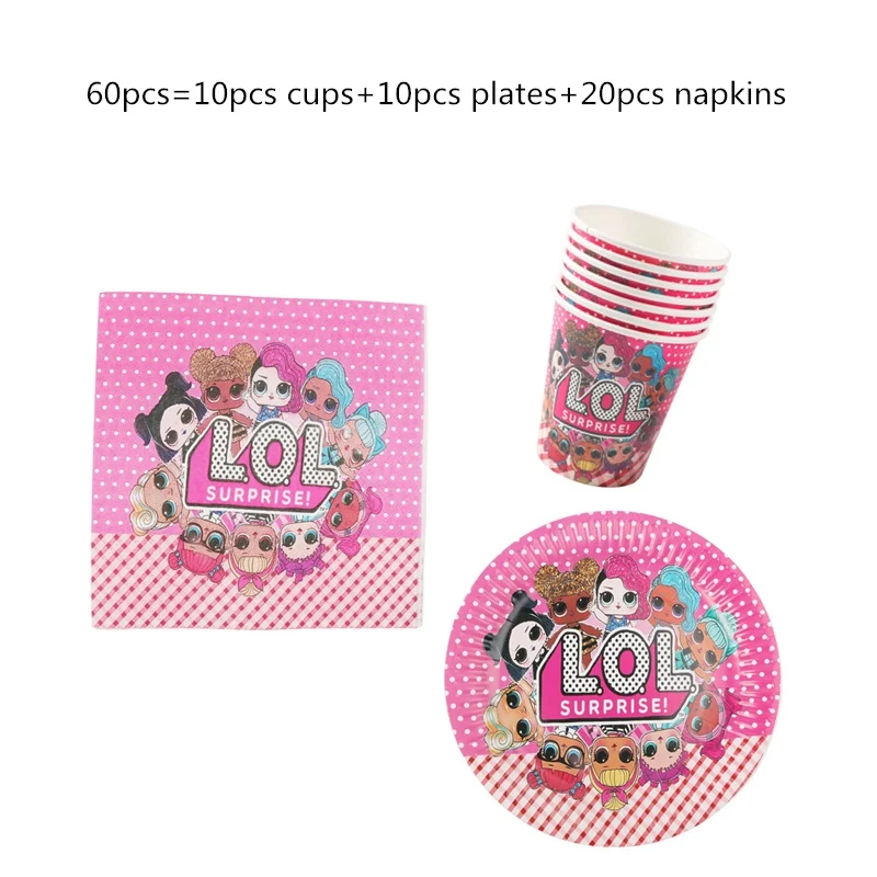 

60pcs/lot Baby Shower LoL surprise Theme Happy Birthday Party Decoration Napkins Tableware Set Plates Cups Events Dishes Glass