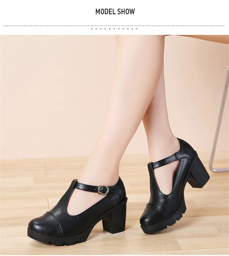 Size 34-43 Pumps Women's Shoes Buckle T-Strap Leather Oxfords Shoes Mary Jane Retro Mid-Heel Ladies Platform Single Pumps Shoes (17)