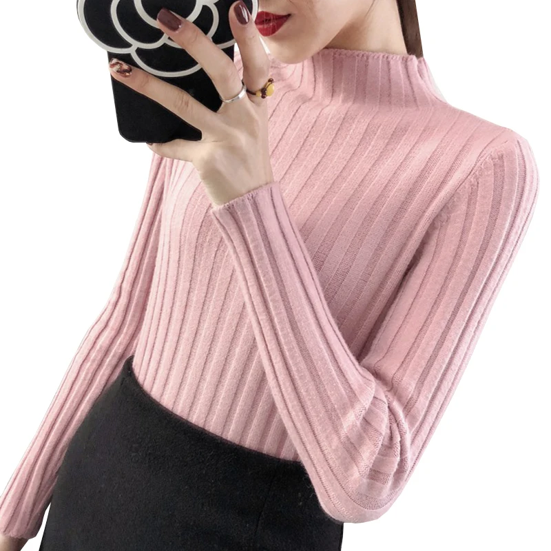 

Autumn Spring Full sleeve Ribbed Turtleneck Pullovers 2022 elastic Slim Ladies Jumpers Women Soft Wool Vertical stripes sweaters