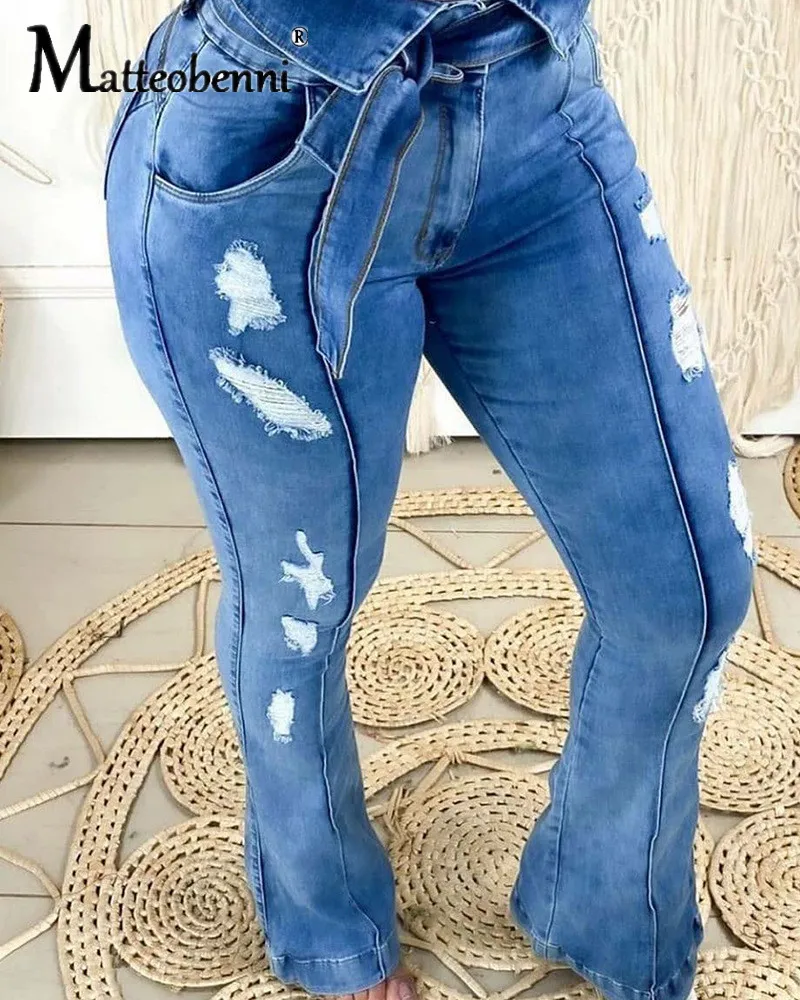 

Fashion High Waist Jeans Women Streetwear Bandage Denim Plus Size Sexy Jeans Femme Flare Pants Loose Blue Jeans Woman 2020 New