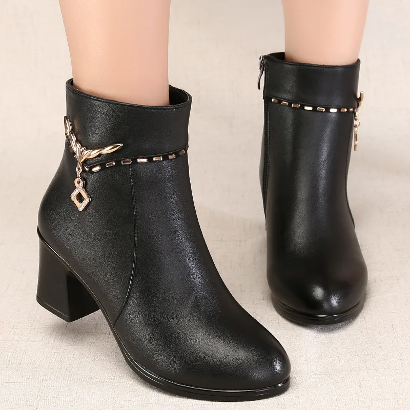 

19505 Middle-aged WOMEN'S Boots plus Velvet WOMEN'S Shoes Women's Cotton-padded Shoes Semi-high Heeled Chunky-Heel Boots Large S