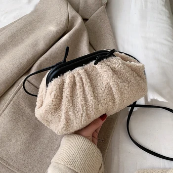 

New Winter Cloud Bag Faux Fur Dumplings Bag Shoulder Crossbody Bag Fashion Furry Handbags Purse Ins Women Plush Wrinkle Clutch
