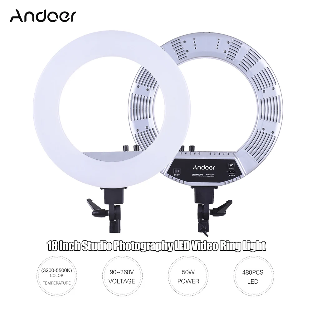 

Andoer 18 Inch LED Video Ring Light Fill-in Lamp Studio Photography Lighting Adjustable Brightness 3200K-5500K Color Temperature