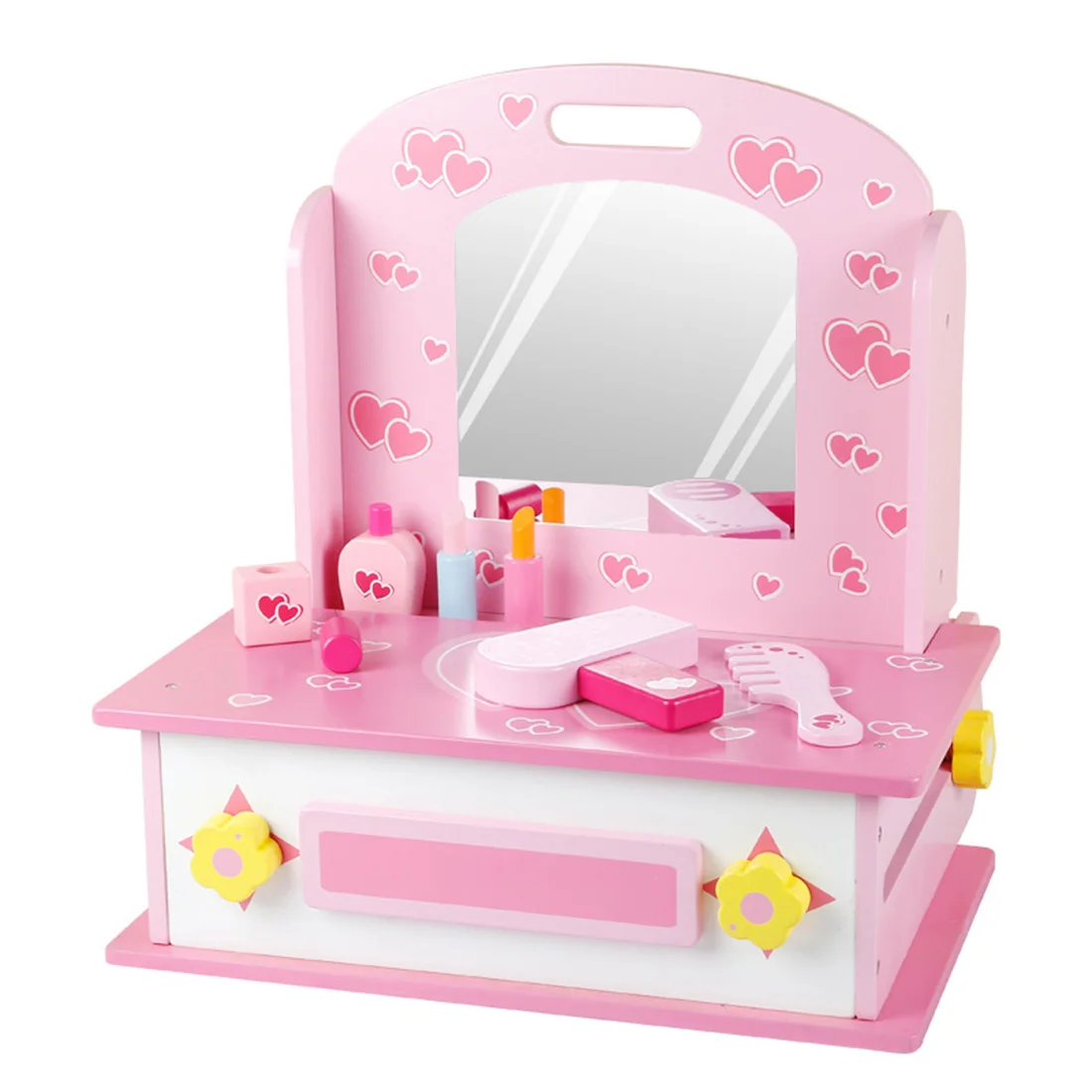  14Pcs 2-in-1 Children Pretend Play Wooden Dressing Table Kitchen Counter Playset Educational Make U - 4000288555202