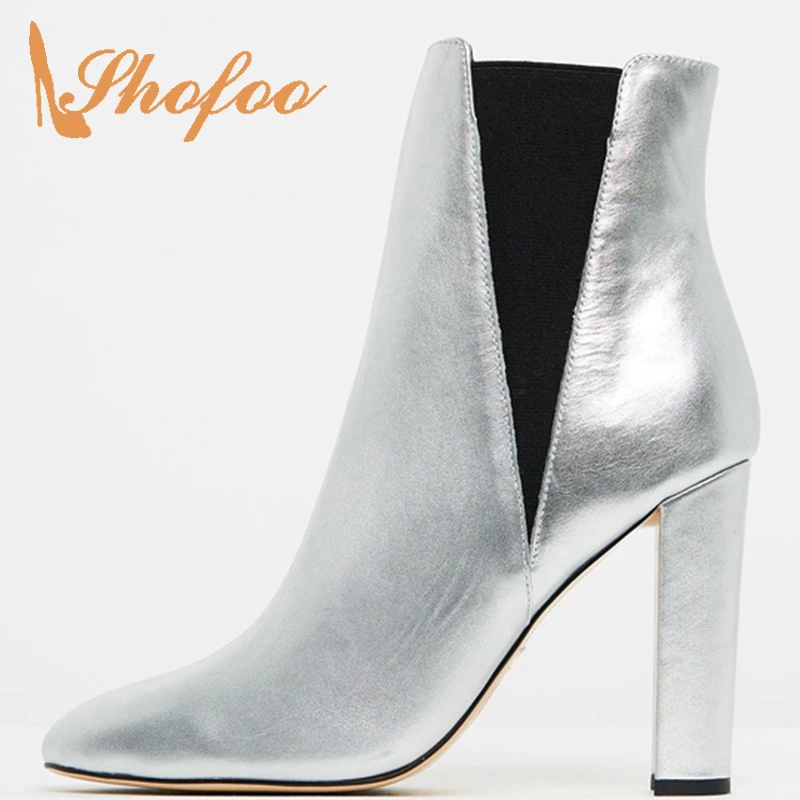 Botines de tacón grueso para mujer, botines de punta redonda con banda elástica, de moda para Primavera, talla grande 33 35 38|Botas hasta el tobillo| - AliExpress