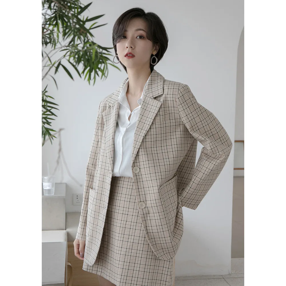 

2019 Korean-style Autumn & Winter New Style Simple Hong Kong Style Versatile Long Sleeve Plaid Casual Suit Women's X130