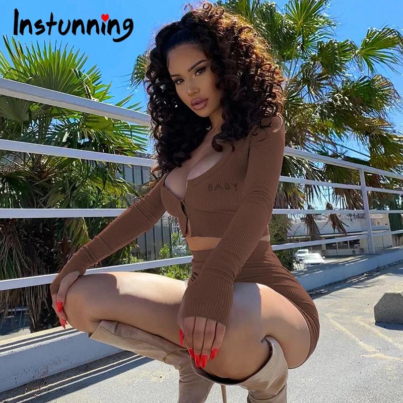 

Instuning Embroidery Women Two Piece Sets Long Sleeve Top Autumn Casual Bodycon Outfits Hot Top And Shorts Set Front Button Slim