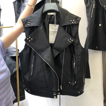 

Leather Vest Jacket Woman Short Pu Leather Vests Female Lady Autumn New Joker Sleeveless PU Cut Shoulder Rivet Motorcycle Coat