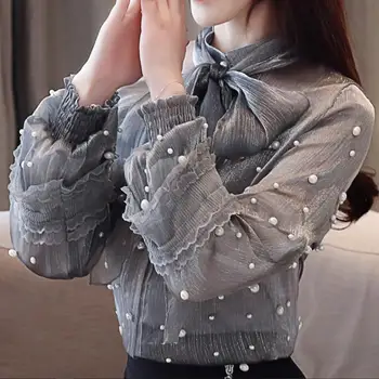 

spring autumn fashion beading chiffon blouse women stand collar bow top shirt plus size 2XL