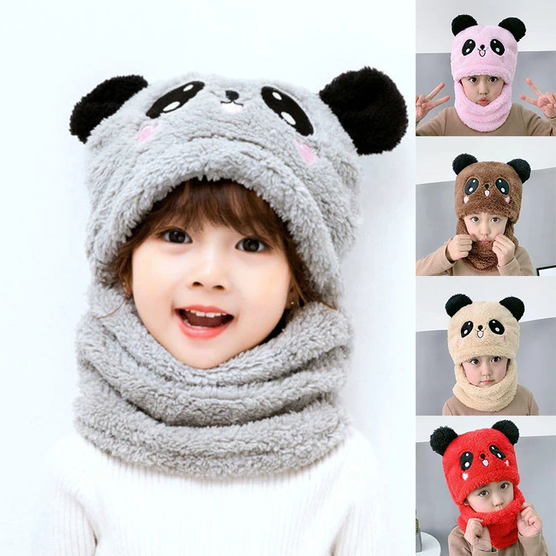 mens skully beanie Cute Winter Children Hat Plus Fleece Fuzzy Caps Cartoon Panda Hat Windproof Full Cover Earflap Hood Cap Neck Warmer Scarf skully with a brim