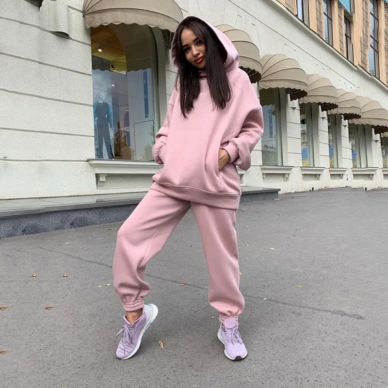 

LASPERAL Two Piece Casual Fleece Tracksuit Women's Sets Oversized Hooded Long Sleeve Suit Winter Solid Sport Pants Lady Set