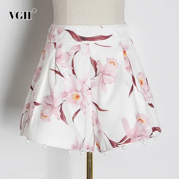 

VGH Casual Printed Floral Shorts High Waist Patchwork Beading Hit Color Elegant Short Pants For Female Fashion Clothing 2020 New