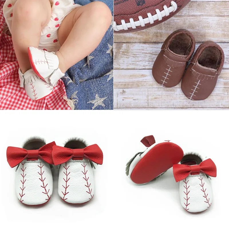 

Baby Moccasins Soft Sole Crib Shoes Genuine Leather Football And Baseball Design Newborn Crawling Bootie For Boys And Girls