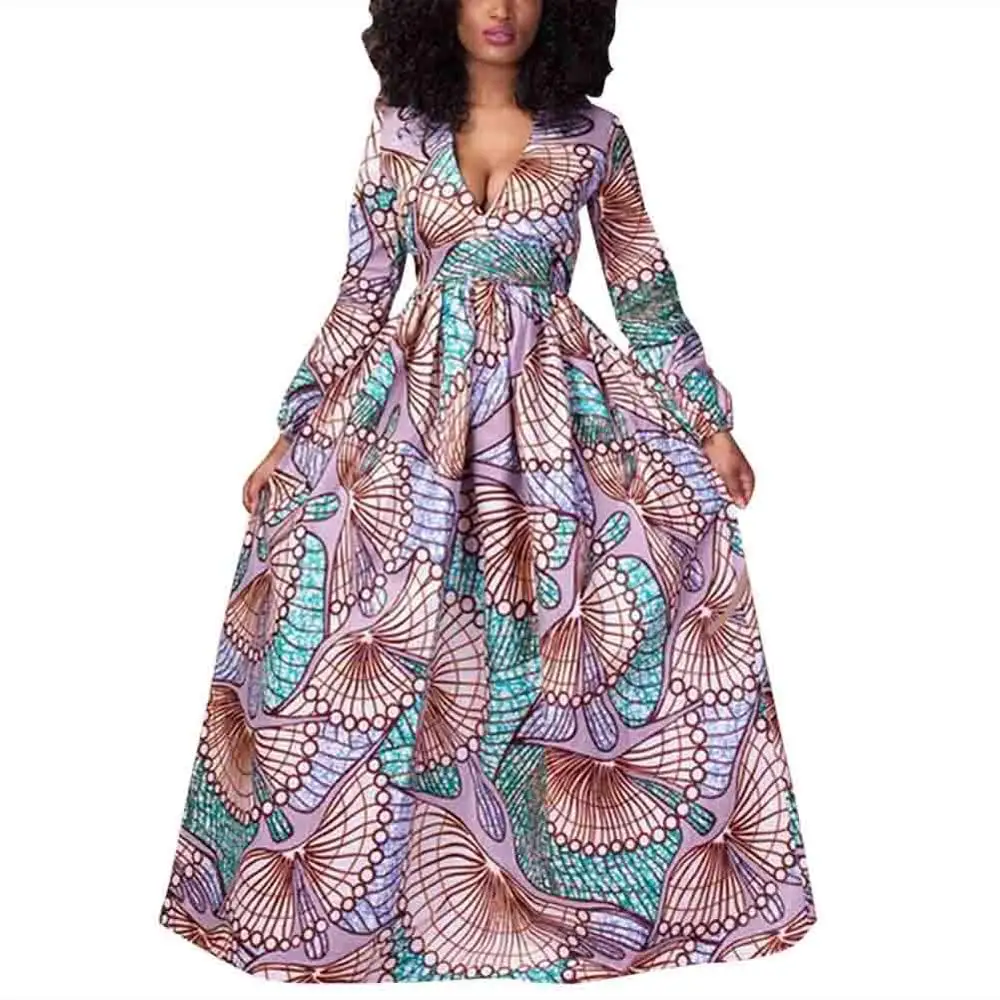 Kureas африканские платья для женщин с оборками Национальный принт Дашики платья Глубокий v-образный вырез африканская одежда - Цвет: Maxi Dress