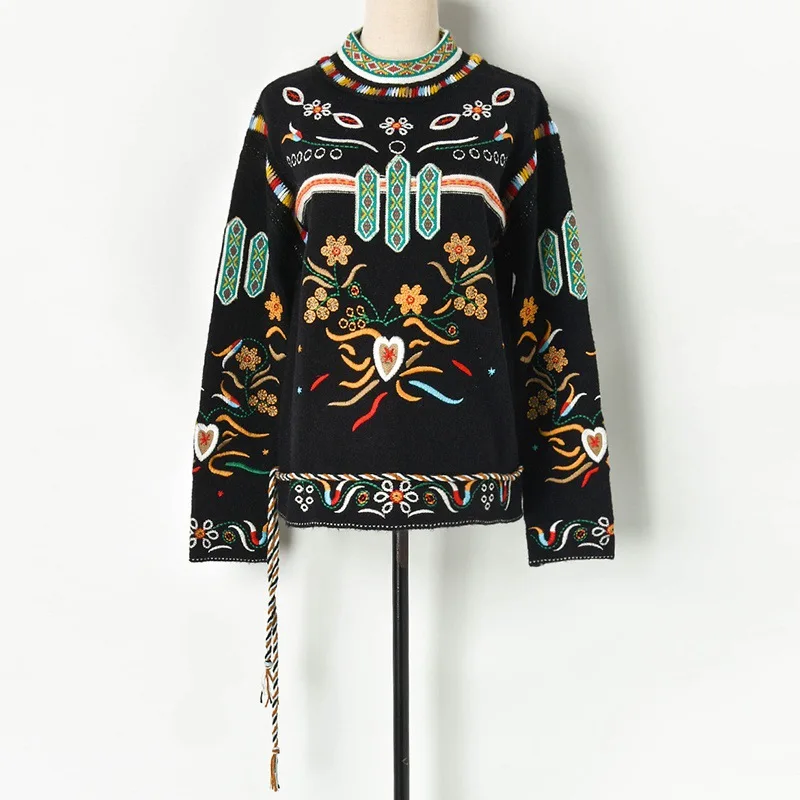 

Black Runway 2019 Autumn Winter women Pullovers Turtleneck Vintage Luxury Embroidery Loose Casual Knitted Sweater Outwear