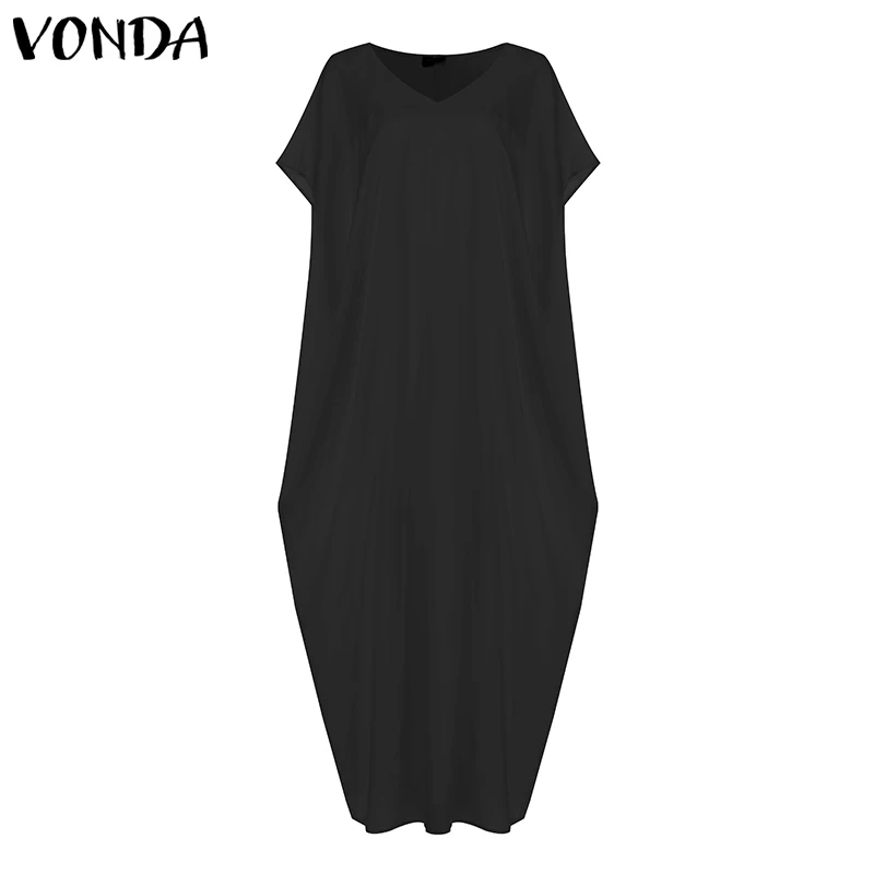 VONDA Брендовое женское платье, летнее сексуальное платье с v-образным вырезом и рукавом летучая мышь, повседневное праздничное Открытое платье, свободное богемное платье Vestidos Femme Robe - Цвет: Черный