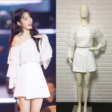 Kpop IU Lee Ji Eun, белые кружевные топы с открытыми плечами и мини-юбка, Женский Летний милый комплект из 2 предметов