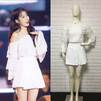 

kpop IU Lee Ji Eun Hanging neck off-shoulder white lace tops and mini skirt two piece female summer sweet 2 piece set clothes
