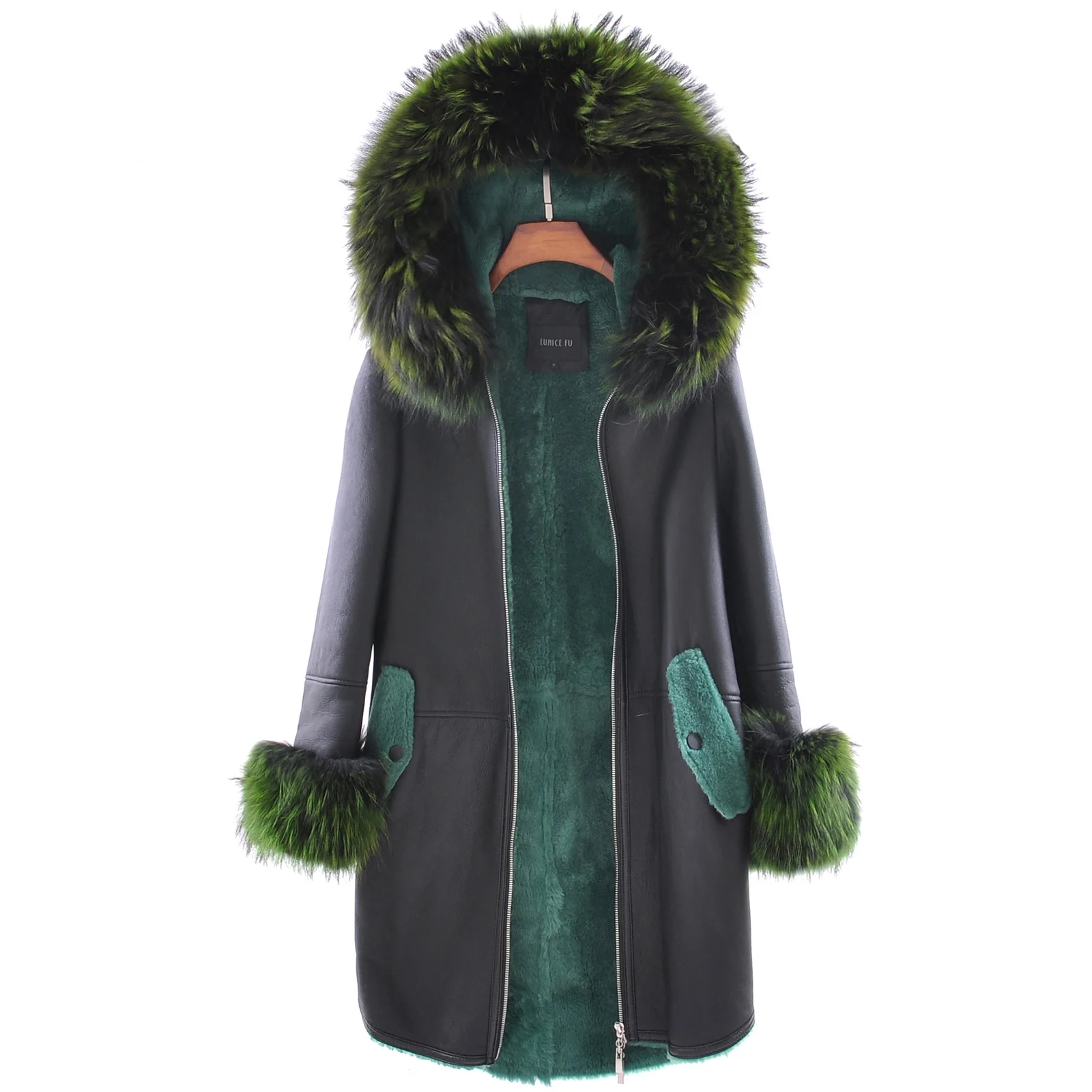 Пальто из натурального меха женская зимняя куртка из натурального Лисьего меха с капюшоном из овечьей шерсти Женская одежда Vinatge шерстяные пальто меховые пиджаки 090304 - Цвет: Black