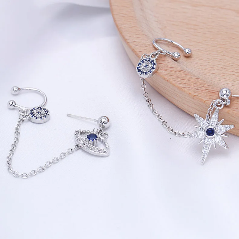 New Trend Cubic Zirconia Blue Eye And Star Asymmetric Earrings Luxury Brand Design Long Earrings For Women Fashion Jewelry