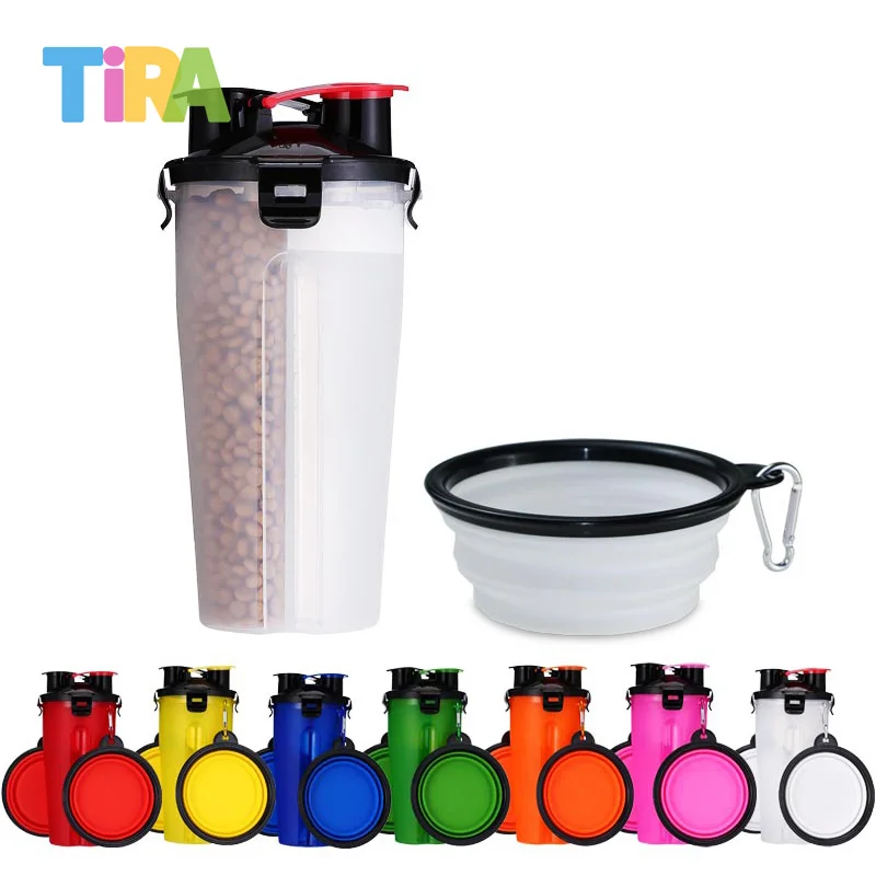 Botella de agua portátil 2 en 1 para mascotas, contenedor de comida plegable de silicona, tazón para mascotas, tazón de viaje al aire libre, alimentador para perros y gatos