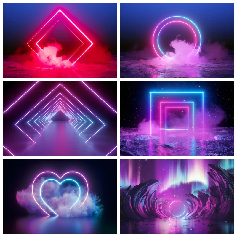 Let'S Glow Party Neon Lights Fondale Stage Futuristico Electronic Style Anni '80 Disco Photography Background Rave Photo Studio