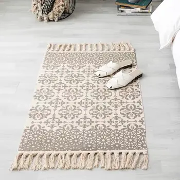 

Bohemian Tassel Simple Cotton Linen Retro Ethnic Style Carpet Floor Mat For Living Room Bedroom Bedside Small Prayer Rug 60x90cm