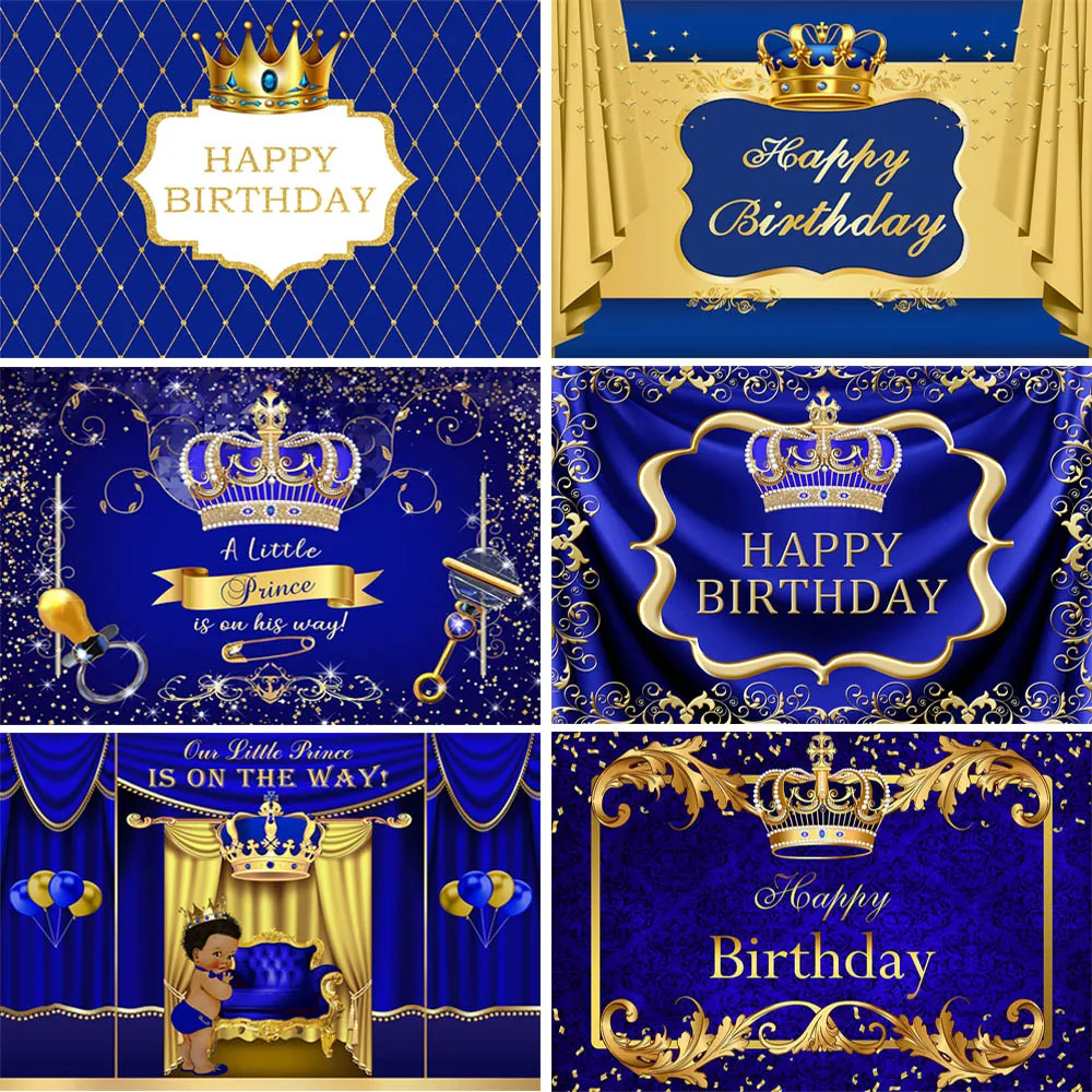 

Little Prince Royal Boy Happy Birthday Backdrop Gold Crown Party Decor Banner Child 1st Birthday Portrait Background Photo Booth