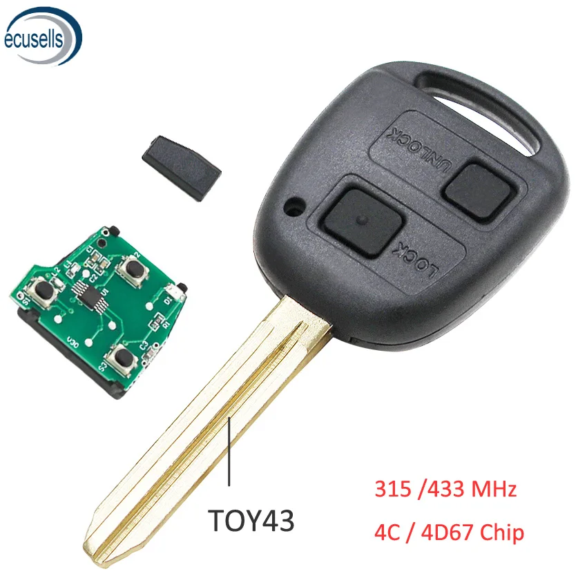 2 кнопки дистанционного брелока для Toyota Prado 120 RAV4 Kluger 315/433 МГц 4C/4D67 чип TOY43 P/N:50171 P/N: