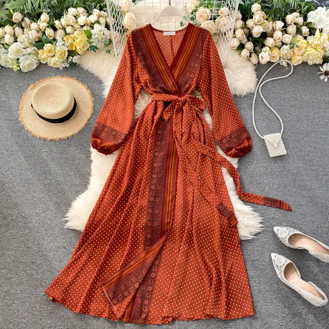 SINGRAIN Women Retro Print Dress 2020 Autumn V Neck Lace up Long Sleeve A-line Dress Korean Elegant Bohemian Long Holiday Dress 1