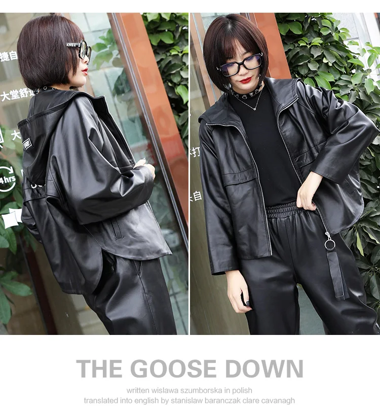 Genuine Leather Jacket Casual Hooded Batwing Sleeve Zip Sheepskin Coat Women Autumn Winter Highstreet Plus Size Outwear Female