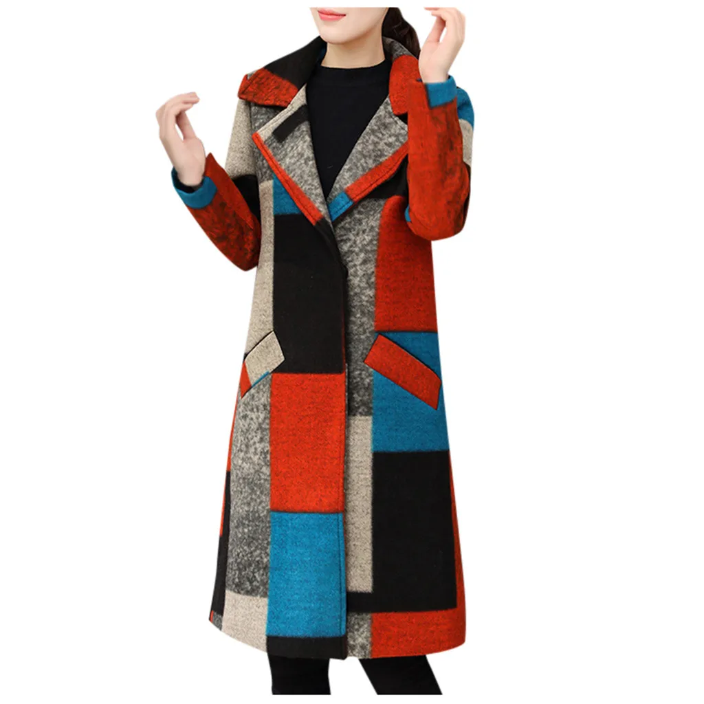 SAGACE модное женское Шерстяное пальто в стиле пэчворк, Женская куртка, Свободное длинное однобортное шерстяное пальто, зимнее теплое пальто, шерстяное пальто - Цвет: Multicolor
