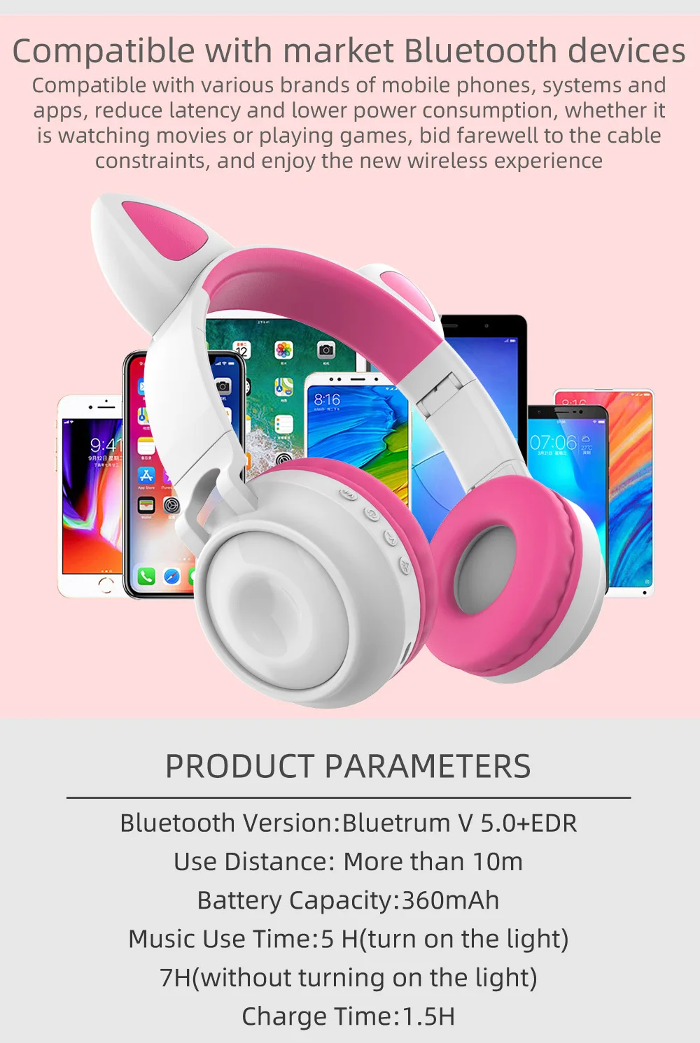 Headphones wireless bluetooth headset microphone gaming headset LED glare built in radio TF card playback