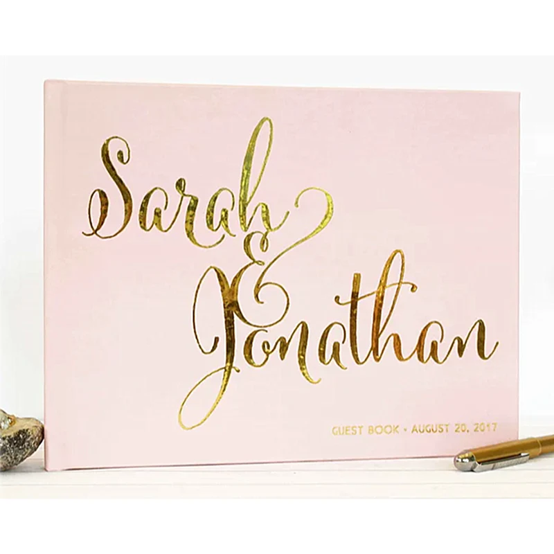 Libro Degli Ospiti Personalizzato In Lamina D'Oro Reale Paesaggio Di Nozze Orizzontale Blush Pink, Album Di Nozze Script Elegante, Scelte Di Colore, M