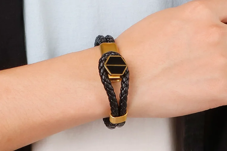 20cm Stainless Steel Gold/Silver/Black Hexagon Bracelet Men's Charm Double Layer Leather Bracelet Homme Jewelry Accessory