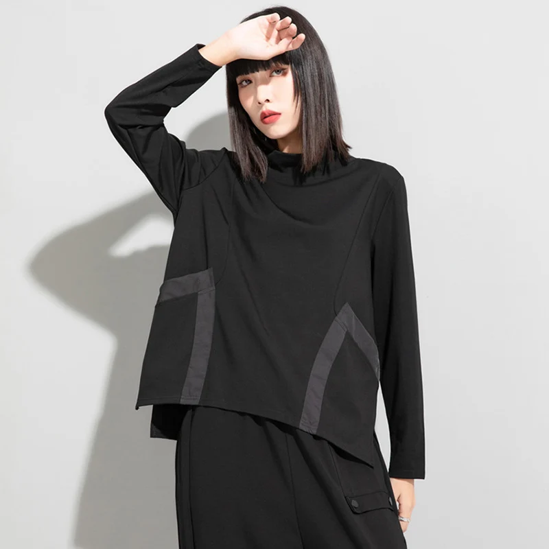 

Women Black Big Pocket Spliced T-Shirt New Stand Collar Long Sleeve Loose Casual T Shirt Tops Fashion Clothes Autumn Winter 2021