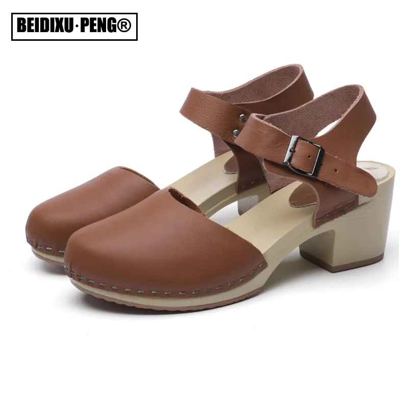 

Women Heeled Wedge Pumps Mary Jane Genuine Leather Round Head Closed Toe Ankle Strappy Buckle Platform Mules Sandal Shoes