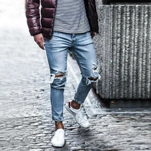 Pantalones vaqueros rasgados para hombre, Pantalón pitillo elástico de marca a la moda, Color puro, Estilo Vintage, motociclista, Hip Hop, novedad