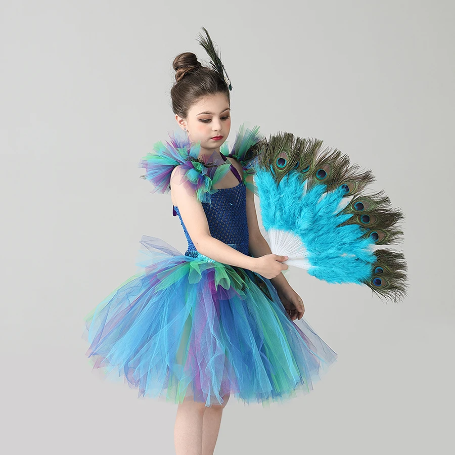 Couture Royal Peacock Girls Tutu Dress with Feather Clip Peacock Bird Carnival Fancy Dress for Kid Halloween Party Purim Costume (4)
