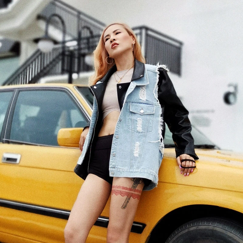 TWOTWINSTYLE джинсовый жилет из искусственной кожи с воротником с лацканами, куртка с длинным рукавом, комплект из двух предметов для женщин, модная Осенняя Новинка