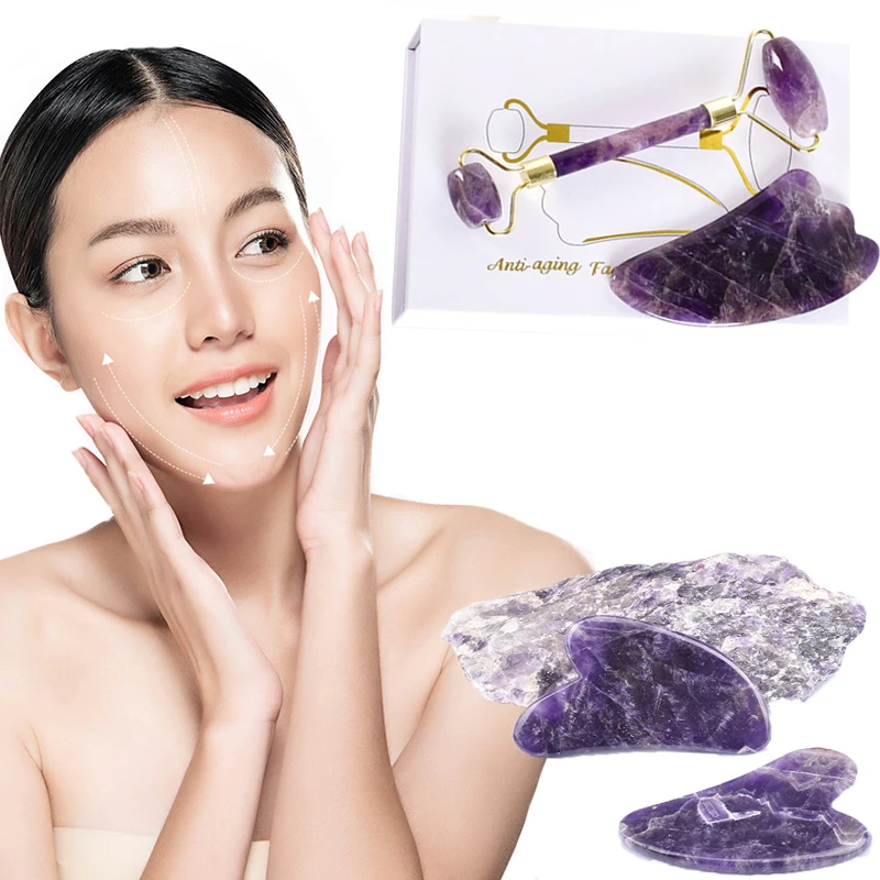 

Amethyst Facial Neck Massage Face Roller Gua Sha Tool Set Natural Stone Jade Roller Slimming Anti Wrinkle Cellulite Beauty Tools