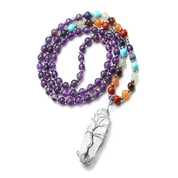 

FYJS Unique Silver Plated Wire Wrap Irregular Shape Rock Crystal Pendant Round Beads Chain Necklace Natural Amethysts Jewelry