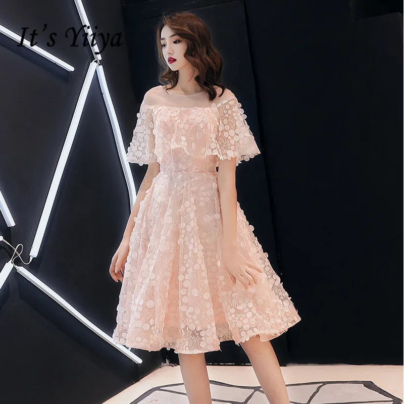 

Prom Dresses Pink It's Yiiya R230 Elegant Appliques Knee Length Formal Gowns 2020 Ruffles O-neck A-line Vestidos De Fiesta