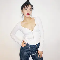 2019 Новая модная женская одежда, сексуальный кардиган на молнии с длинными рукавами, футболка с высокой талией, короткое пальто, рубашка