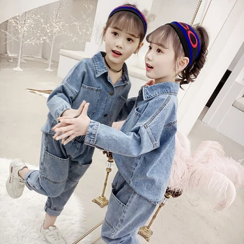 

Spring Autumn 2019 Baby Girls Clothing Set Kids Clothes Tracksuits Sport Suit Turn-Down Denim Children Casual 2PCS Girl Sets