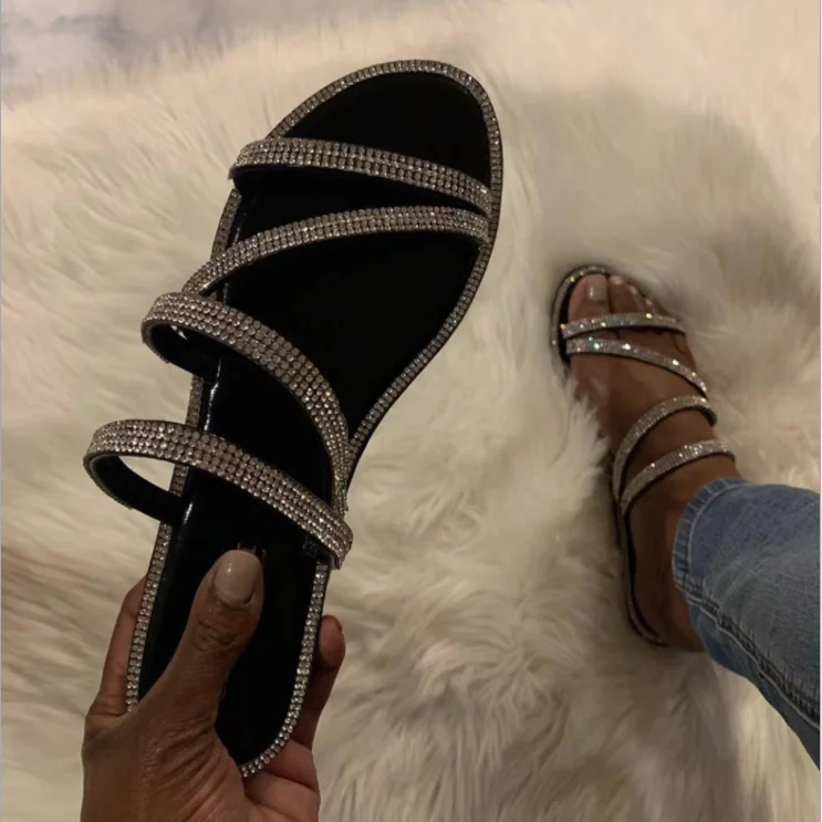 

Free post 2019 new best selling fashion popular female sandals shiny rhinestone beach slippers women flat bottom ladies slippers