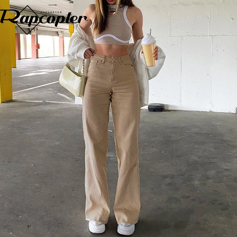 Rapcopter Khaki Flare Jeans Solid Basic Casual High Waisted Denim Pants  Vintage Baggy Sweatpants Women Harajuku Korean Joggers - Jeans - AliExpress