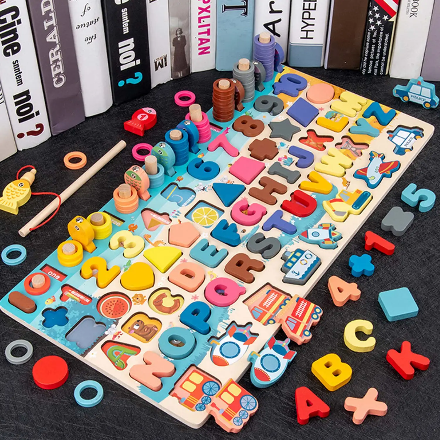 

7 in 1 Kids Wooden Math Count Shapes Letters Vehicles Magnetic Fishing Game Early Educational Toy for Children Toddlers Gift
