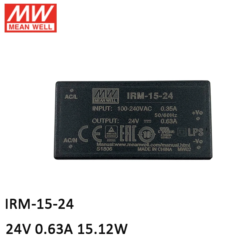 MEAN WELL IRM-15-24 15.12W PCB-mount assemble Encapsulated Power Module 110V/220VAC to 24V DC 0.63A 15W type Supply | Обустройство