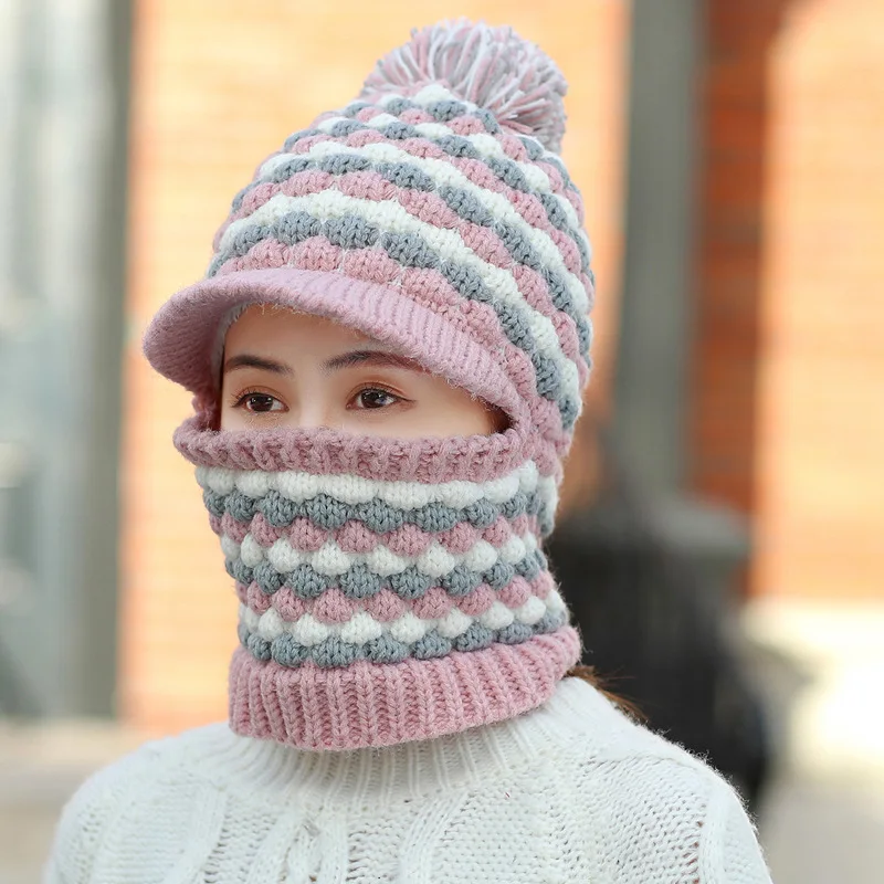 pipink hat Модная зимняя шапка, шарф, комплект для женщин, теплая шапка бини для девочек, кольцо, шарф, помпоны, зимние шапки, вязаные шапки, шарф, комплект - Цвет: pipink hat